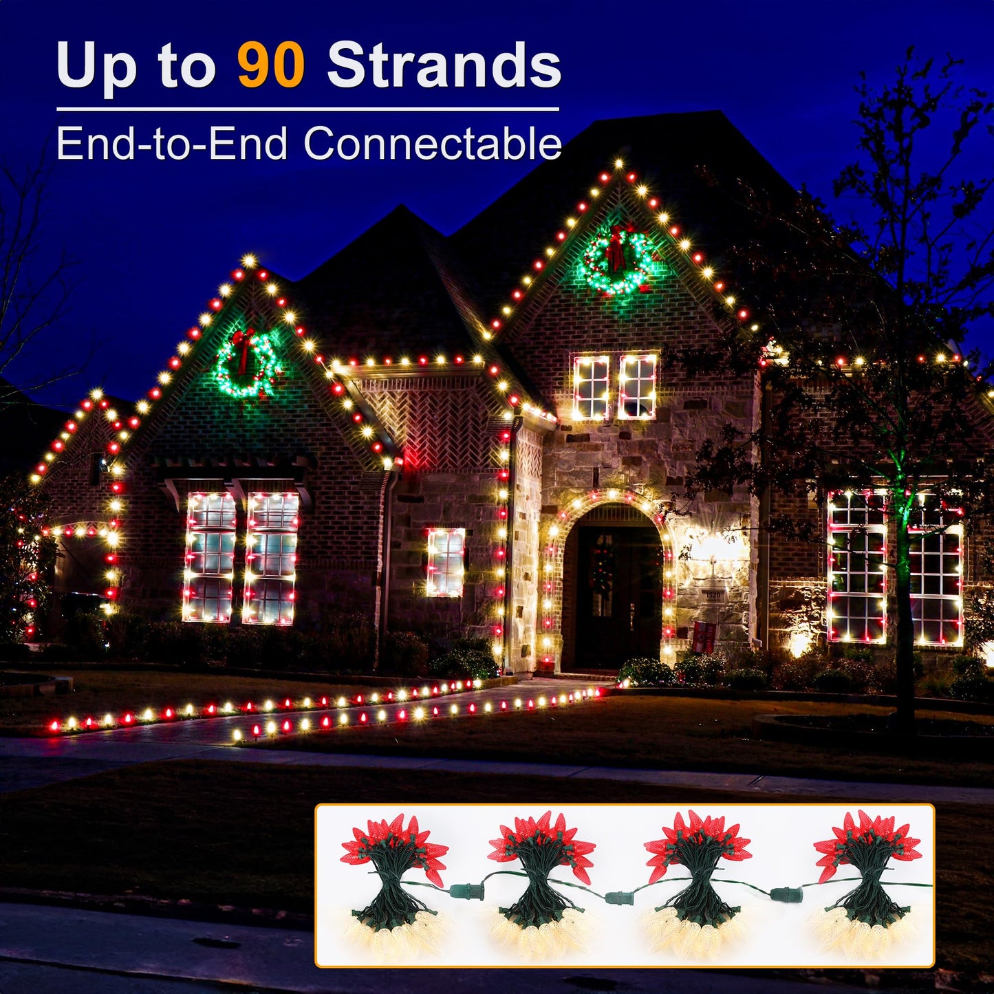 Brizled Red & Warm White Christmas Lights  66Ft 100 Led C9 Christmas Lights  Connectable Outdoor Faceted Strawberry Light String  120V Ul Certified Indoor Xmas Tree Light For Home Holiday Party Decor