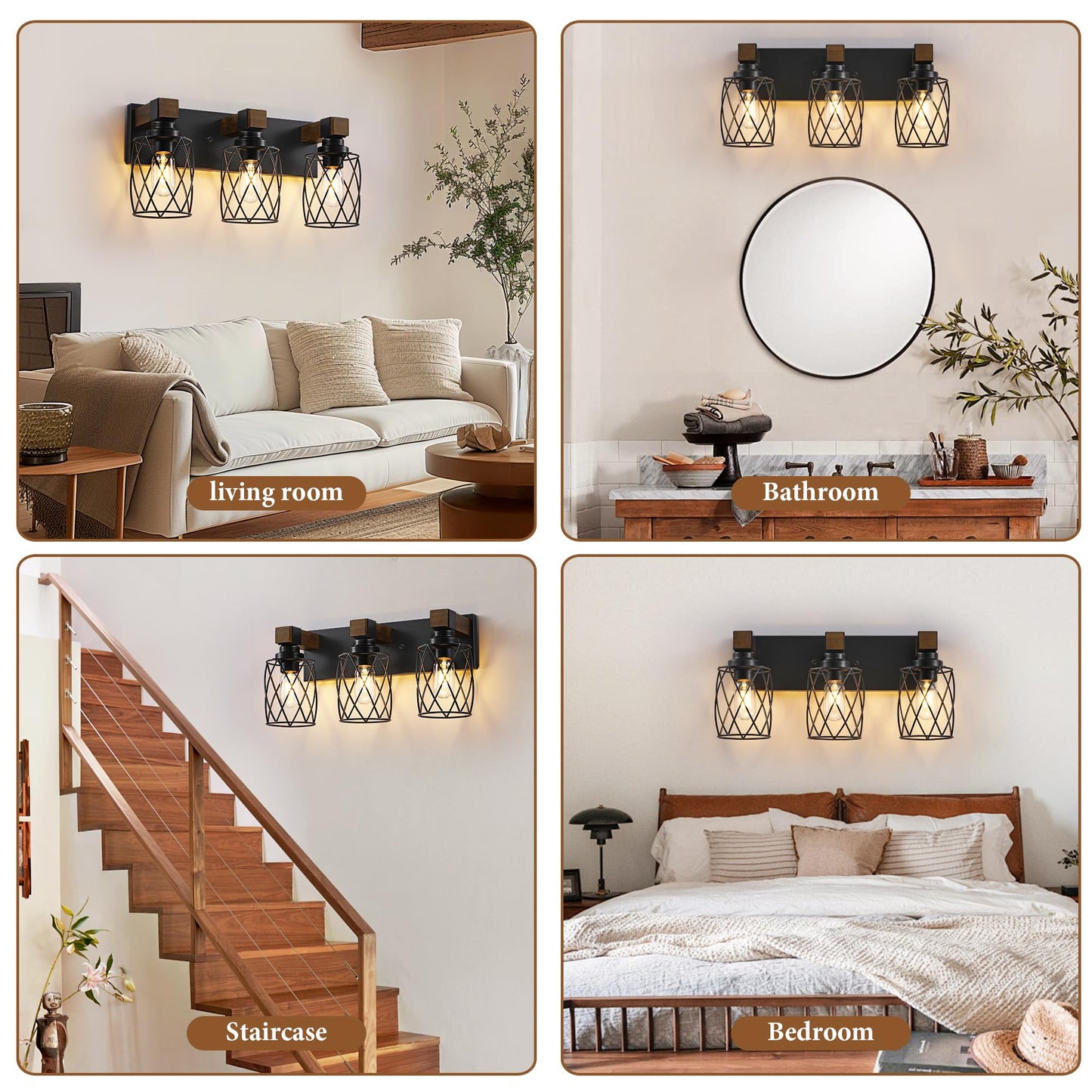 Xvmbvm Farmhouse Bathroom Vanity Light  3-Light Wood Bathroom Light Fixtures Over Mirror  Black Industrial Vanity Lights With Metal Shade  Rustic Bathrooms Lighting For Living Room  Bedroom  Hallway