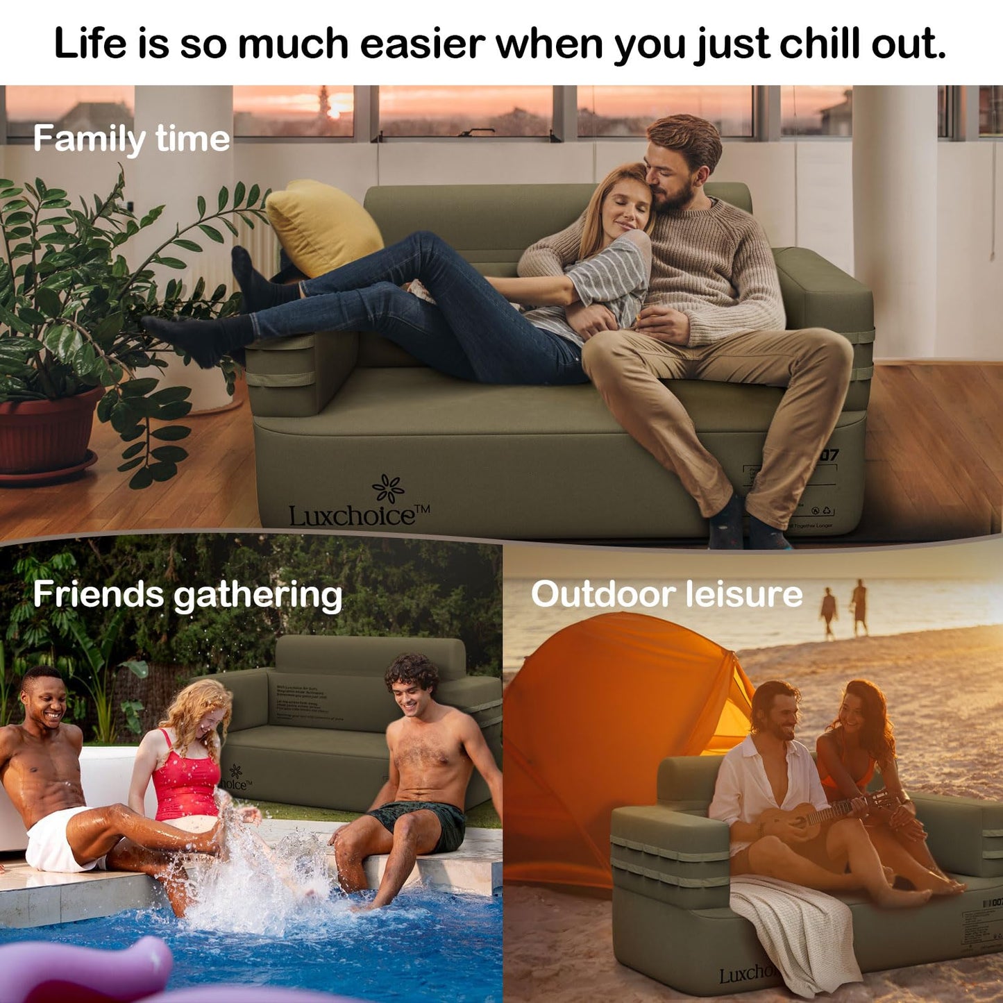 Luxchoice Inflatable Couch Multifunctional Durable Inflatable Sofa with Built in Pump Inflatable Furniture Portable Blow Up Couch for Camping Backyard Outdoor Glamping Inflatable Chair Movie Loveseat