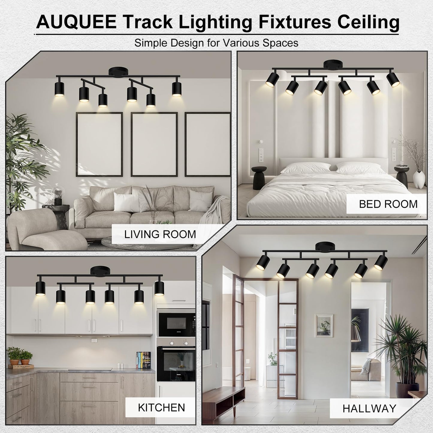 Auquee 6 Light Track Lighting Fixtures Ceiling  Matte Black Kichen Track Lighting Fixtures With Rotatable Light Heads  Upgrade Light Poles  Modern Led Sopt Lights For Kitchen/Hallway  No Gu10 Bulb