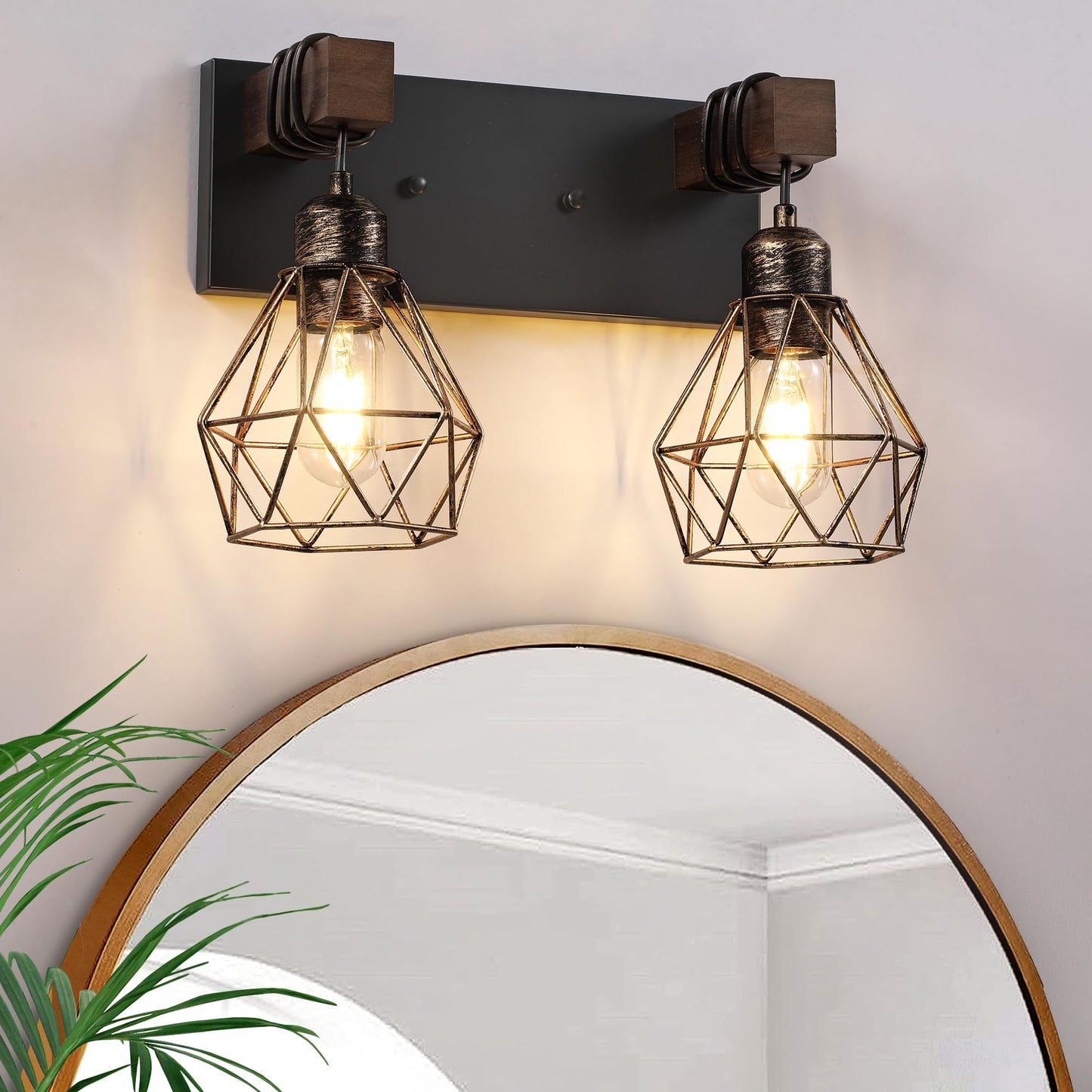 Farmhouse Vanity Light For Bathroom  2-Light Black Gold Wood Bathroom Vanity Light Fixtures Over Mirror  Rustic Sconces Wall Lighting With Metal Lampshade For Living Room  Bedroom  Hallway