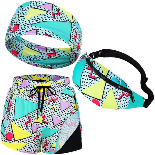 3 Pcs 80s 90s Outfit for Women 80s Costume Set 2 in 1 Running Shorts Retro Pack and Fashion Headband Set for Workout