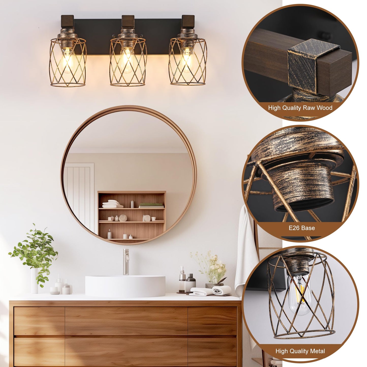 Farmhouse Bathroom Vanity Light  3-Light Wood Bathroom Light Fixtures Over Mirror  Black And Gold Industrial Vanity Lights With Metal Shade  Rustic Bathrooms Lighting For Living Room Bedroom Hallway