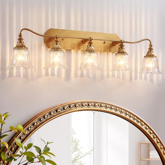 Lmnlvn Bathroom Vanity Gold Light Fixture  5 Lights Bathroom Lighting Matte Antique Brass Finish With Crystal Glass Shade  Gold Vintage Vanity Light For Bathrooms