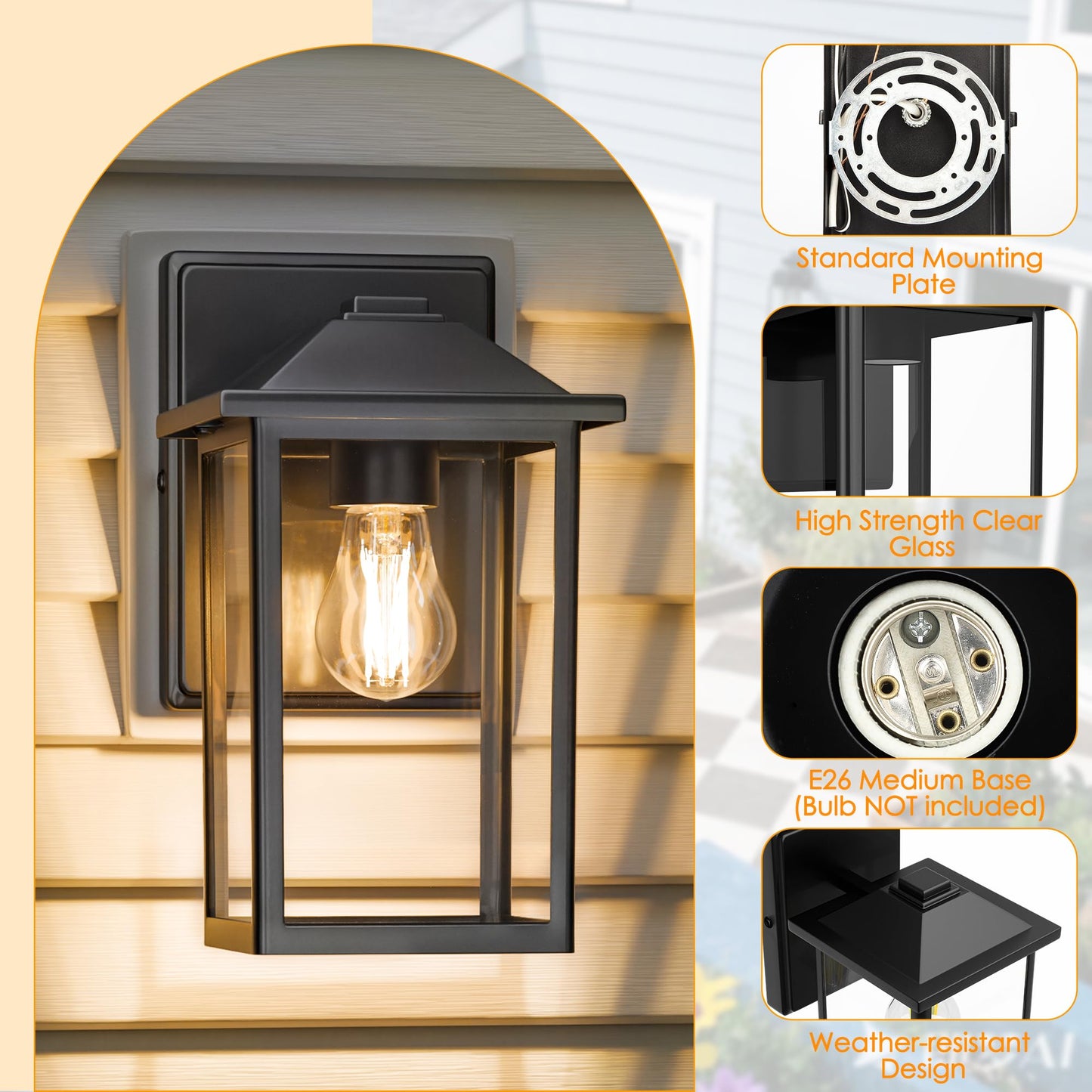 Matameye Outdoor Wall Lantern  Exterior Waterproof Wall Sconce Lighting Fixture  Black Front Door Light With Glass  Anti-Rust Porch Lamp