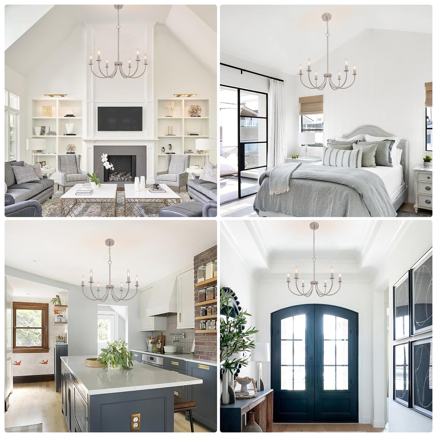 Puyveyor 6-Light Farmhouse Chandelier  Chandeliers For Dining Room Lighting Fixtures Hanging  Brushed Nickel Modern Candle Chandeliers For Living Room Foyer Kitchen Entryway