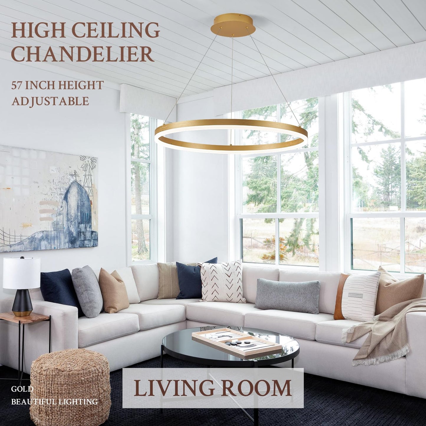 Sparklelf Modern Led Pendant Lighting 24 Ring Chandelier Gold Dimmable Led Chandelier For Dining Room 36W Adjustable Pendant Light Fixture For Living Room Bedroom Home Office Foyer  3000-6500K