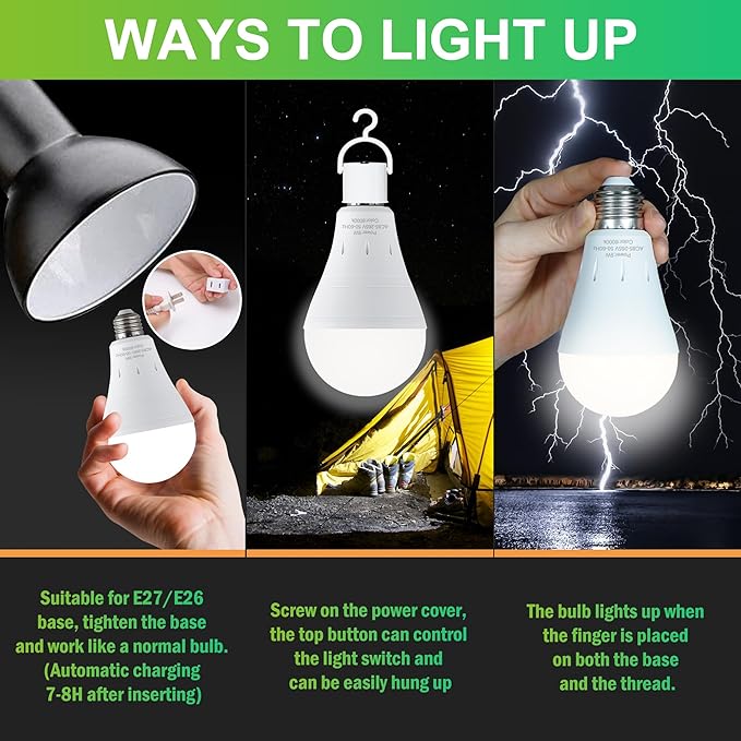 10 Pack Rechargeable Emergency Light Bulbs, Battery Powered Energy Efficient LED Light Bulb 6000K Daylight E26 120 Volt 9W 60W Equivalent with 1200mAh for Home Power Outage Camping Hurricane