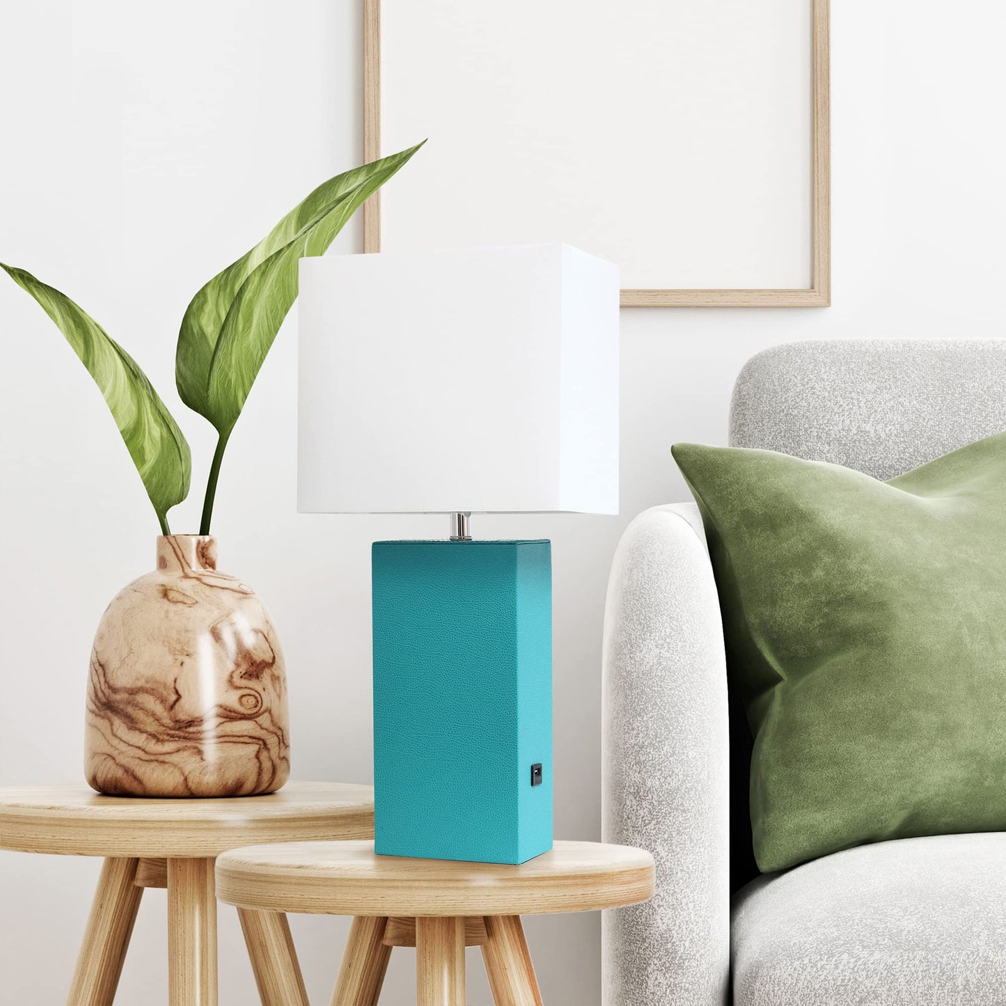 LALIA HOME Bedside Table Lamp with USB Charging Port, Modern Design, Teal, Leather Base, Model LHT-3012