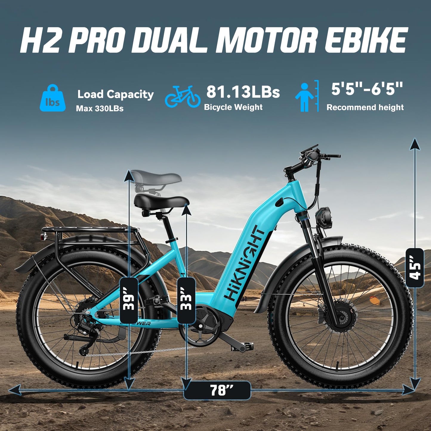HiKNiGHT Dual Motor Ebike, 3000W Electric Bike for Adults, 52V 20Ah 26" Fat Tire Fast Ebike Max 38 Mph, up to 90 Miles, Off-Road Mountain E-Bike for Men Women, Step-Through Design