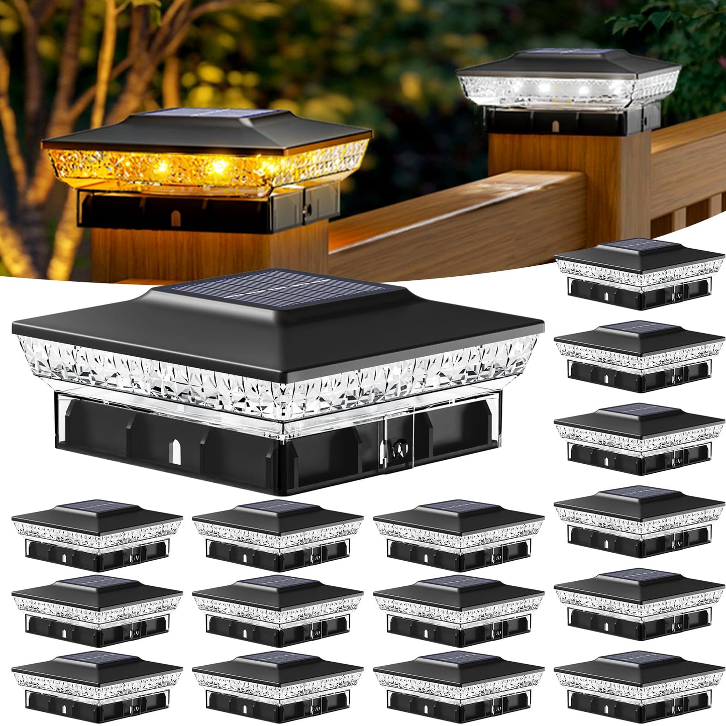 Btfarm 4X4 Solar Post Cap Lights Outdoor  16 Pack Deck Fence Post Lights Solar Powered  2 Lighting Modes 16 Led Waterproof Outside Light Fit 3.5X3.5 4X4In Wooden/Vinyl Posts  Black