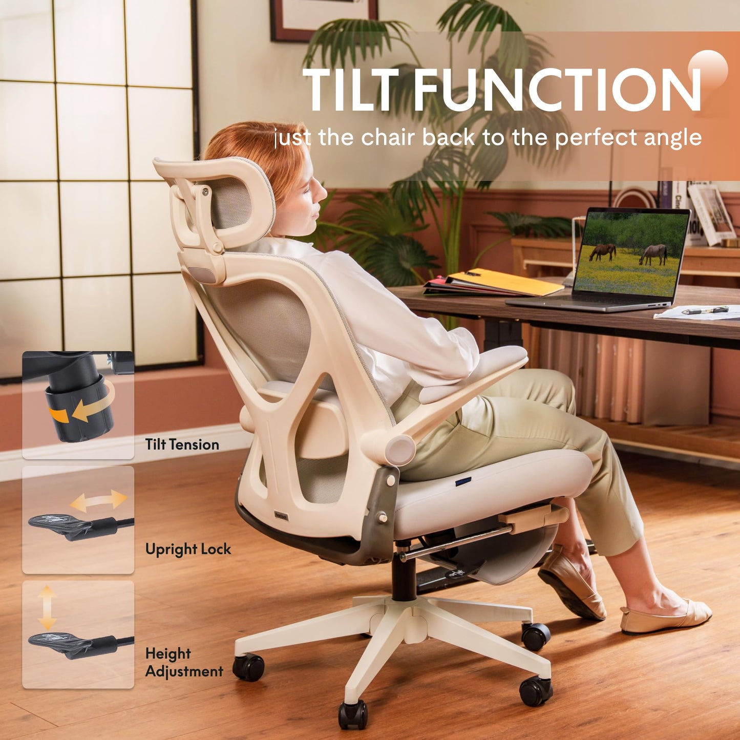 FLEXISPOT Foldex Office Folding Chair, Ergonomic Chair for Small Spaces with Lumbar Support, Flip-up Armrests, 3D Headrest, Desk Chairs with Footrest for Work,Video Game Cream