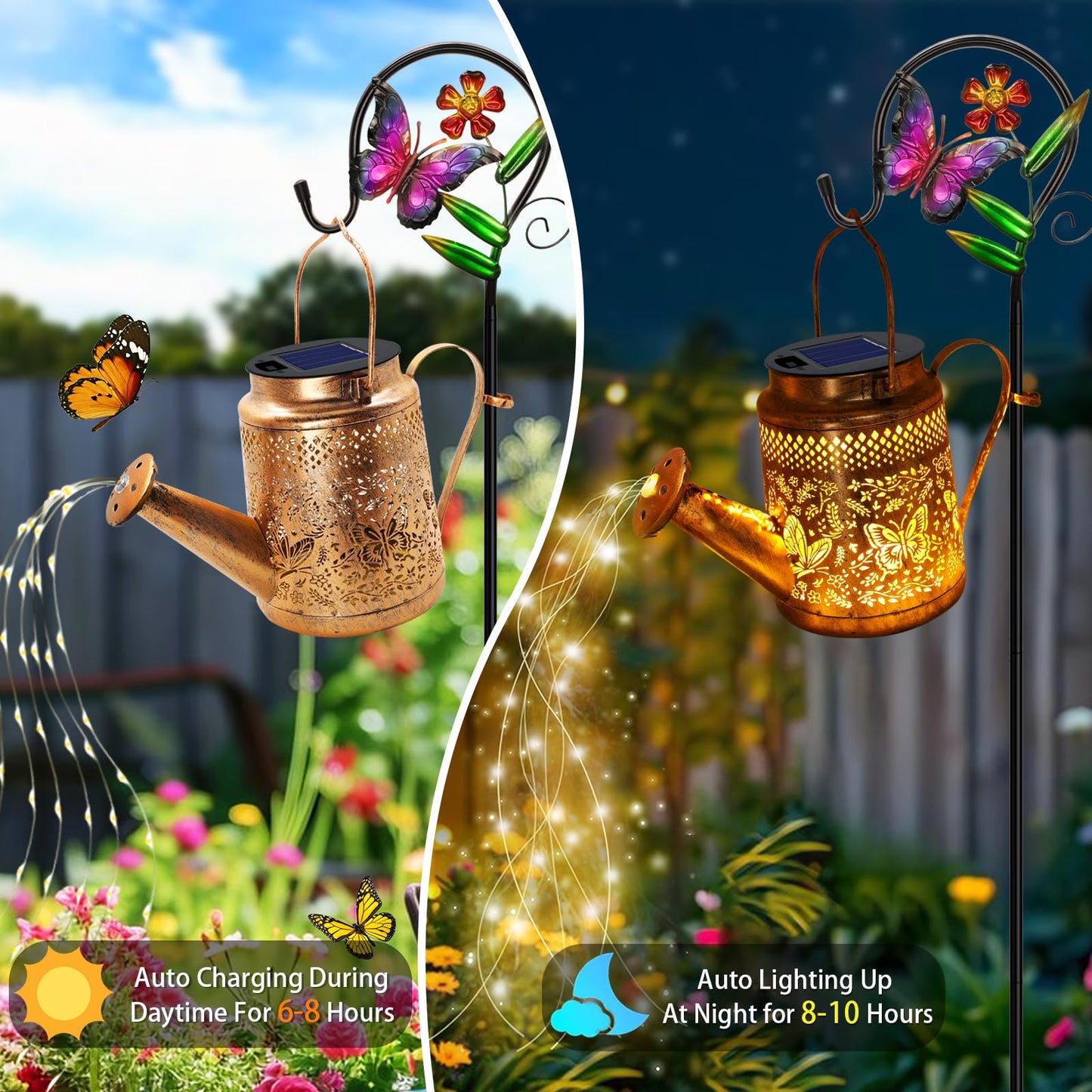 2 Pack Solar Powered Butterfly Watering Can Lights Waterproof Outdoor Decor With Shepherd Hook Hanging Patio Lights For Yard  Garden  Backyard Perfect Gardening Birthday Gift For Women  Mom  Grandma