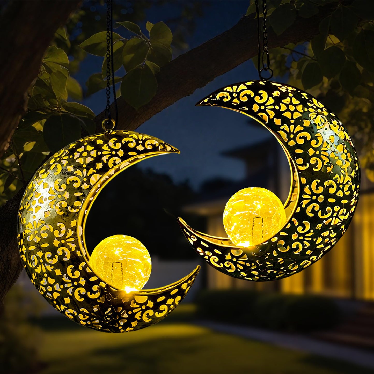 Qcf Solar Garden Hanging Moon Lights Outdoor Decor 2 Pack Metal Lanterns Art Decorations For Outside Yard Lawn Patio Wall Fences Driveway Trail Unique Housewarming Gardening Gifts For Women Mom