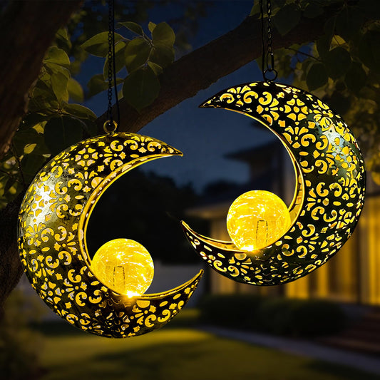Qcf Solar Garden Hanging Moon Lights Outdoor Decor 2 Pack Metal Lanterns Art Decorations For Outside Yard Lawn Patio Wall Fences Driveway Trail Unique Housewarming Gardening Gifts For Women Mom