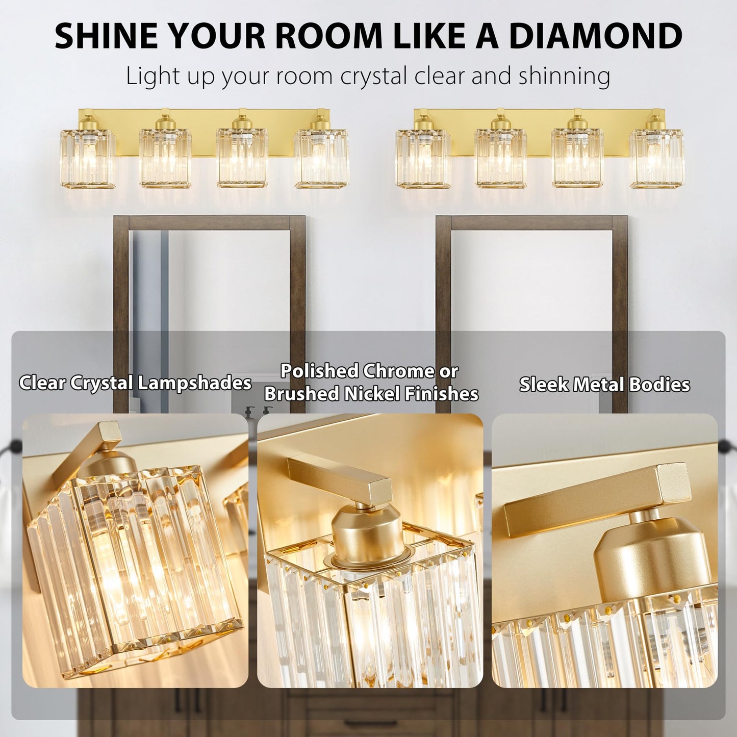 Bathroom Vanity Light Fixtures Over Mirror 4 Crystal Lights - Makeup Lighting Pure Gold - For Modern Wall  Bath  Desk  Farmhouse  Hallway