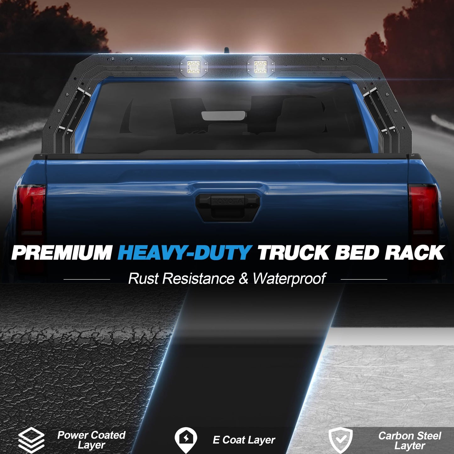 Truck Bed Rack with LED Lights for Tacoma 2005-2025, Adjustable Steel Cargo Rack for Factory Bed Rails