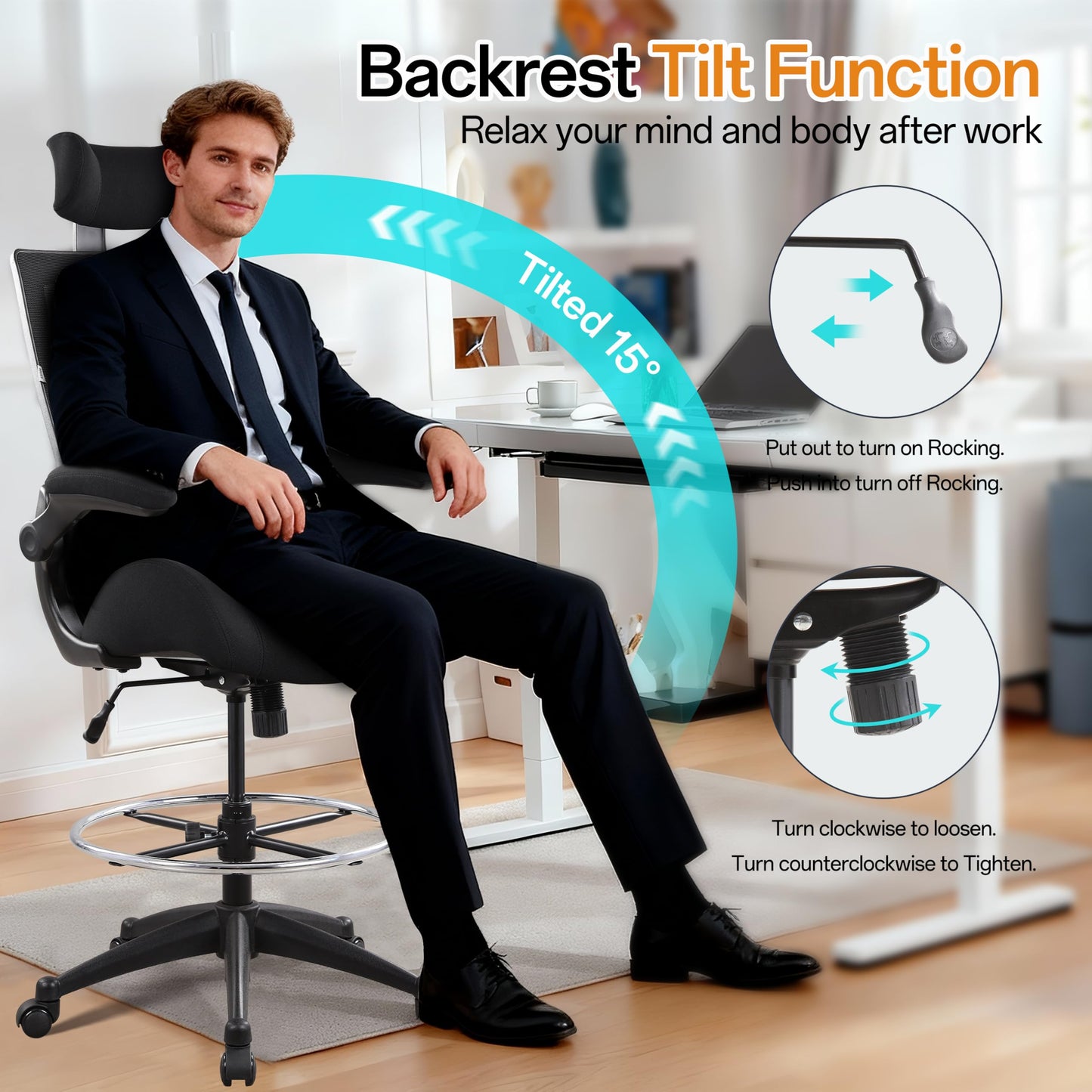 BOLISS Drafting Office Chair 400lbs High Back Wide Standing Desk Chair Comfortable with Flip up Armrests Lumbar Support Adjustable Big Footrest Ring(Black)