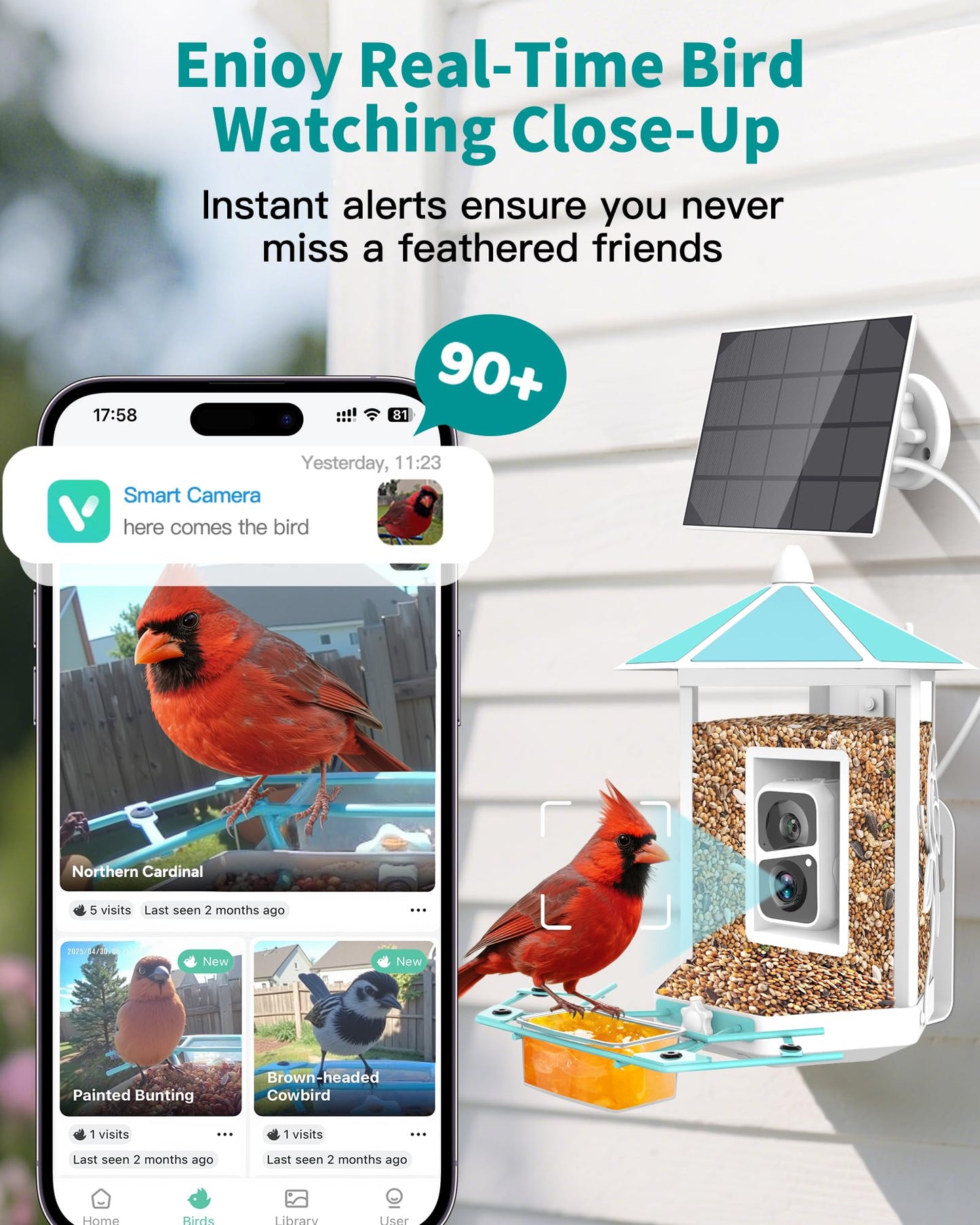 Bird Feeder with Camera - All-Metal Chewproof Smart Camera Bird Feeder Solar Powered, 2K Live Stream for Outdoor，AI Identify Auto Capture Videos, Weatherproof Heavy Duty, Gifts for Mom Dad