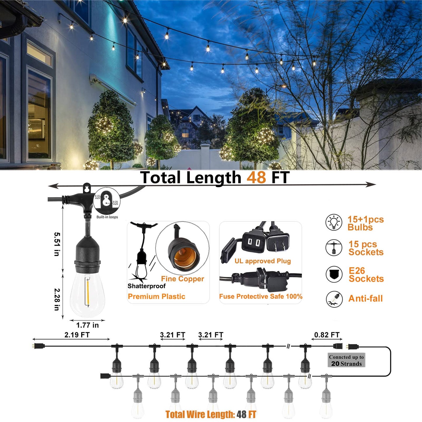 Achin Outdoor String Lights 48FT Dimmable Warm White 2200K LED Shatterproof with 16 Bulbs, Waterproof, Model OTS4815-TS20B1-S142