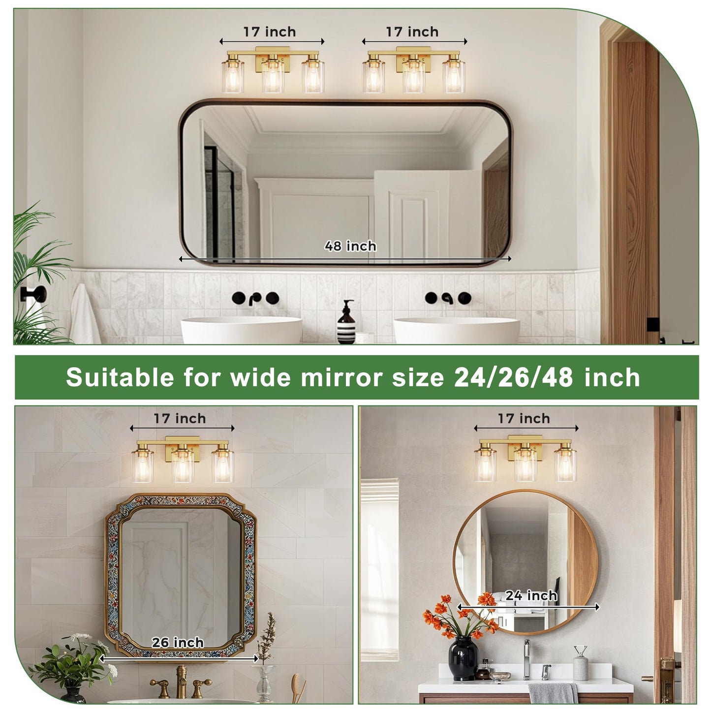 Doresshop 17 Inch Bathroom Light Fixtures  3-Light Copper Bathroom Lighting Fixtures Over Mirror With Clear Glass Shade  Vanity Lights For Living Room Bedroom