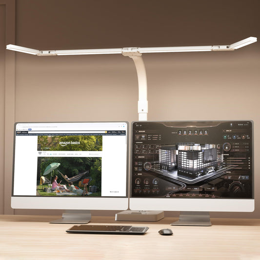 Sandiea Led Desk Lamp For Home Office - 24W Bright Double Head Desk Light With Clamp Eye Caring Architect Task Light 25 Lighting Modes Adjustable Flexible Gooseneck Lamp (All White)