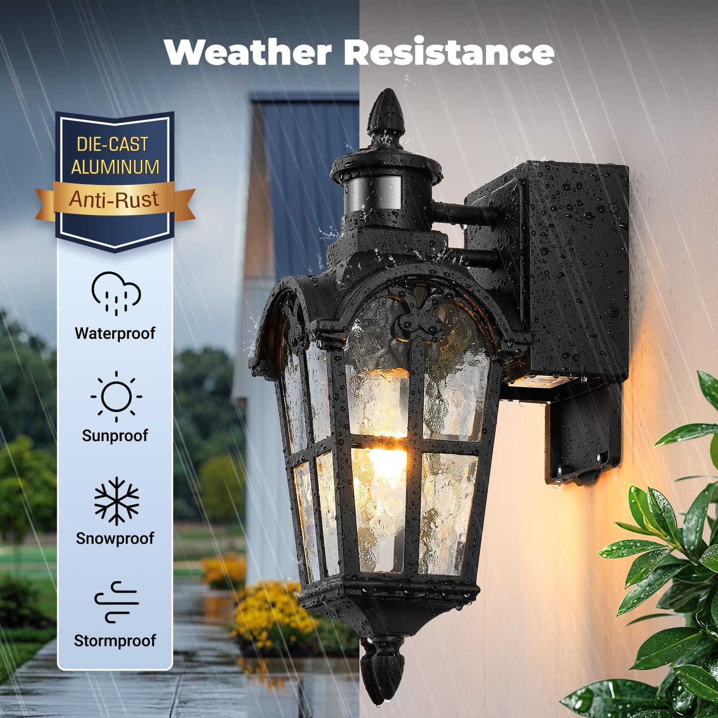 Opaxis Black Outdoor Patio Lights With Gfci Outlet 2-Pack  Upgraded Motion Sensor Outside Lighting With Water Ripple Glass  Dawn To Dusk Outdoor Light Fixture For House  Garage  Garden  Waterproof