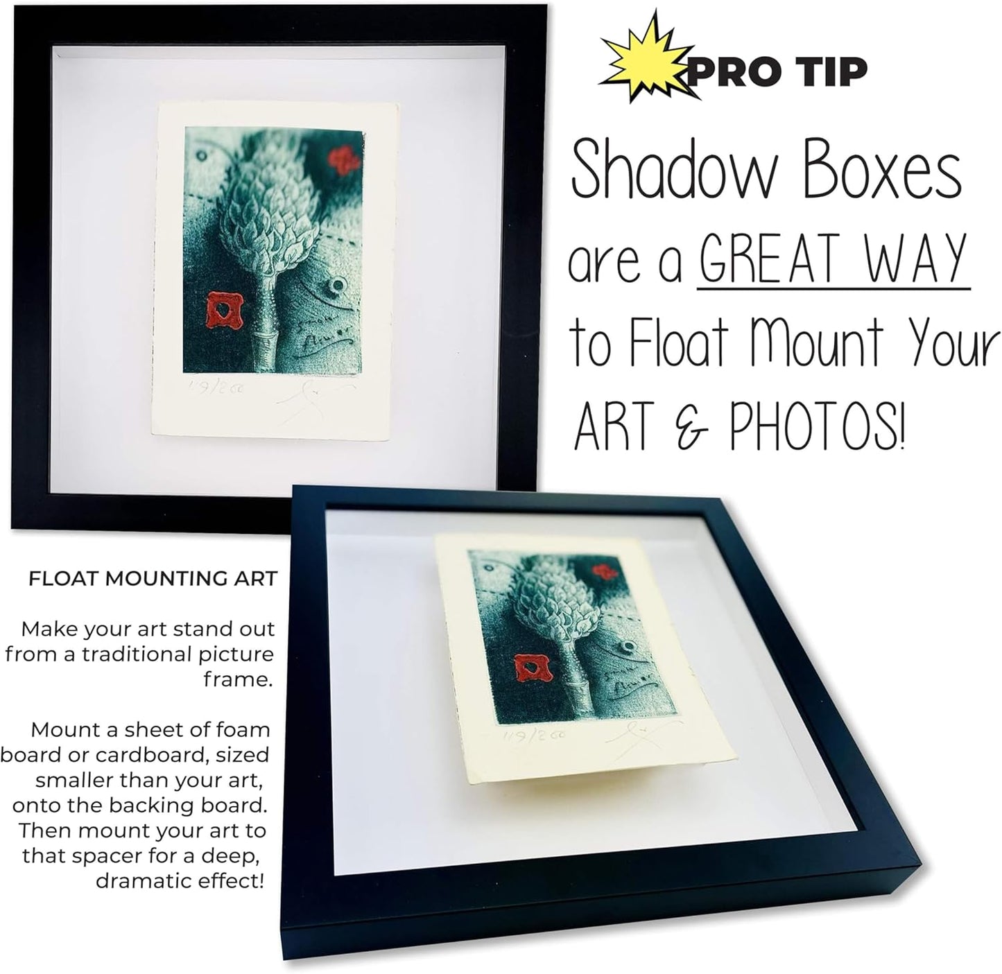 10x10 Shadow Box Black Solid Wood Display Frame with White Acid-Free Backing UV Acrylic & Hanging Hardware - with 3/4" Usable Depth