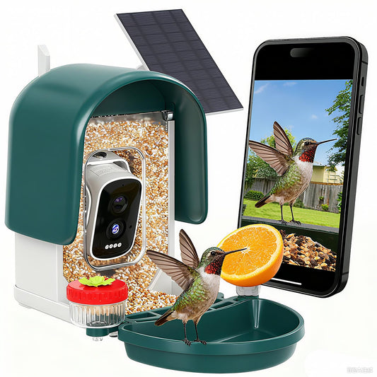 Smart Bird Feeder with Camera Solar Powered, AI Bird Identification for 10000+ Species, 4K HD Live Video & Instant Alerts, USB Charging, 2.4GHz WiFi Bird House, IPX7 Waterproof for Garden (Green)