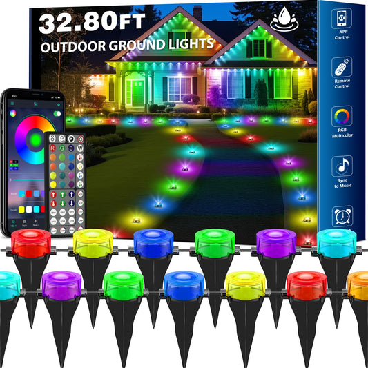 Tqqvxx Rgb Outdoor Ground Lights  32.8Ft Color Changing Pathway Lights With Remote & App Control  Waterproof Walkway Lighting  Wired For Garden Yard Lawn Patio Best For Holiday Party