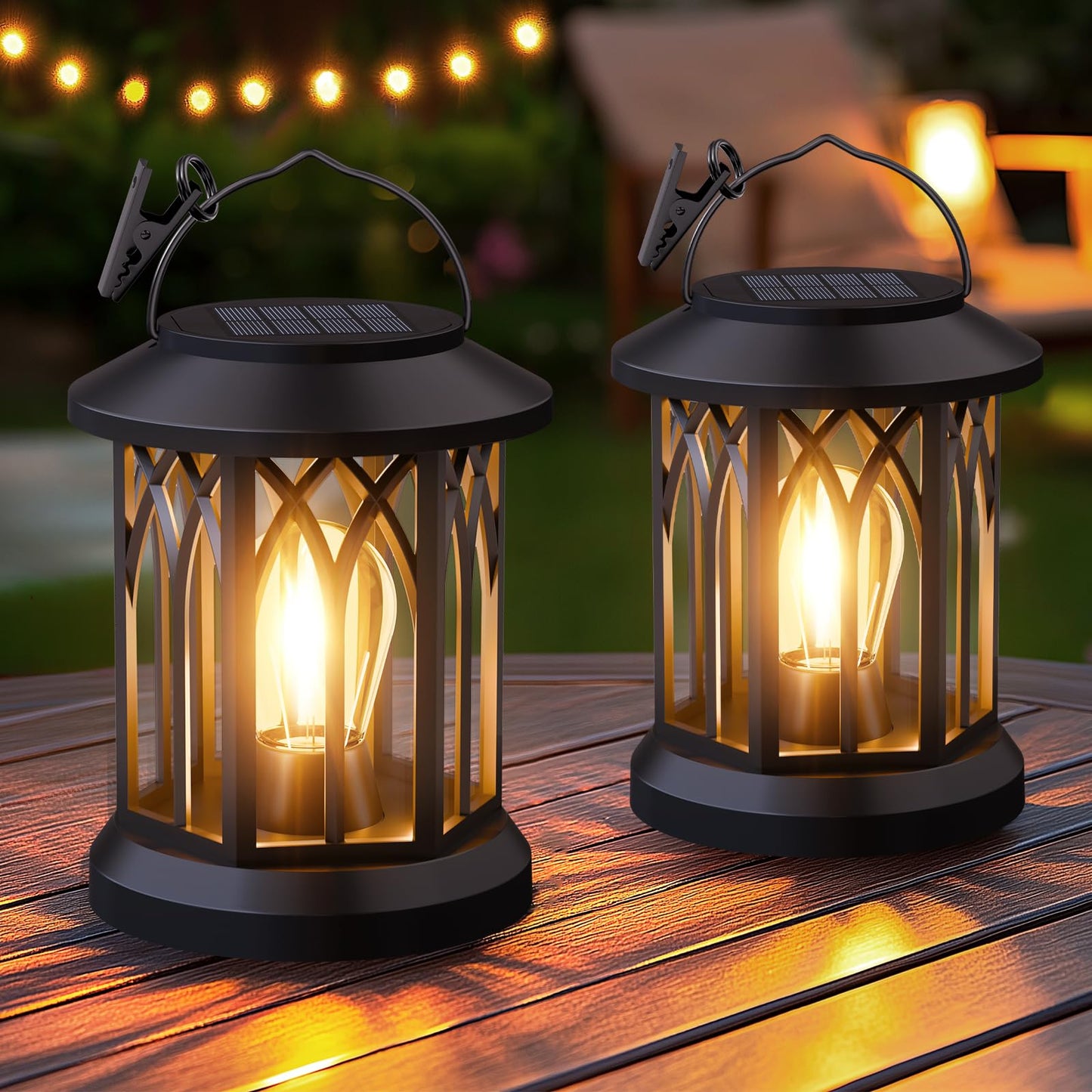 Solar Lanterns Outdoor Waterproof 4-Pack: Hanging Solar Lights For Outside Patio Decor For Garden Bright Black Modern Lanterns Decorative With Clips Gifts For Family Household Newlyweds - Warm Light