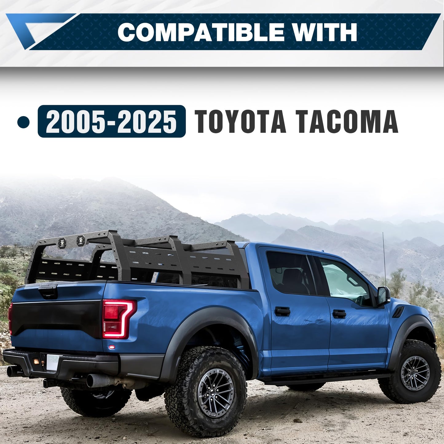 Truck Bed Rack with LED Lights for Tacoma 2005-2025, Adjustable Steel Cargo Rack for Factory Bed Rails