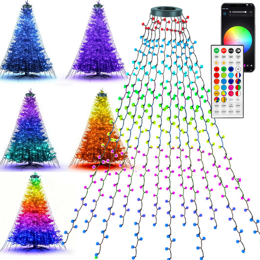 Dazzle Bright Smart Christmas Tree Lights  448 Led Color Changing Waterfall Tree Topper Lights With Remote & App  8.2Ft X 16 Lines Rgb Christmas Light For Indoor Outdoor Party Xmas Decoration