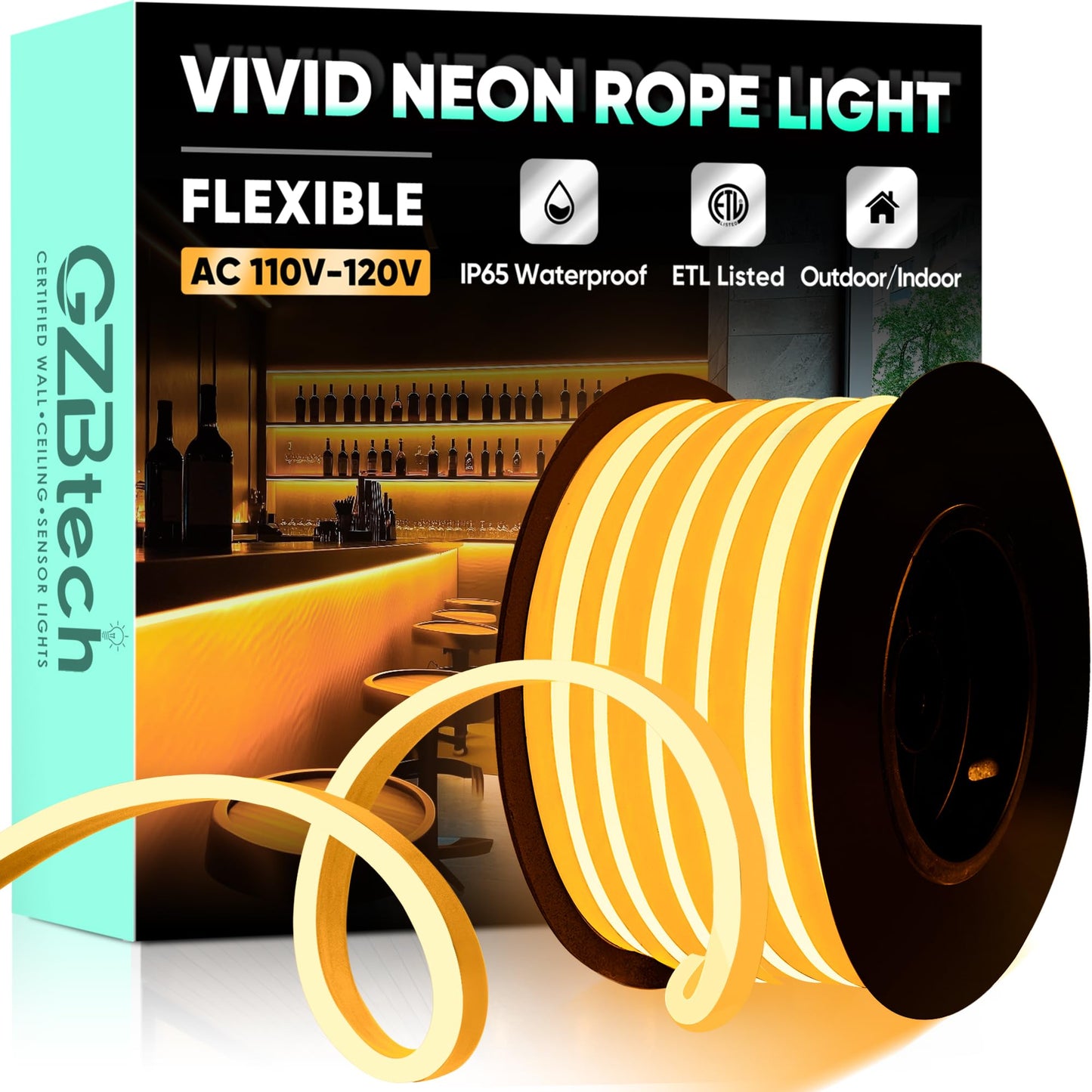 Gzbtech Flexible Led Neon Rope Lights 33Ft Ac 110-120V Waterproof Strip Light  120 Leds/M Cuttable Connectable Neon Lighting For Indoor Outdoor Home Decor/Commercial Building Use-Amber 10M