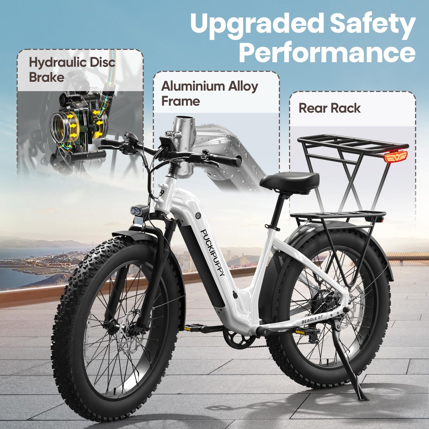 PUCKIPUPPY Electric Bike for Adults 960W, 26" Fat Tire, Step-Through Design Electric Mountain Hunting Bike, 48V 15AH Max 28MPH Off-Road Ebike with Rear Storage Shelf (White)