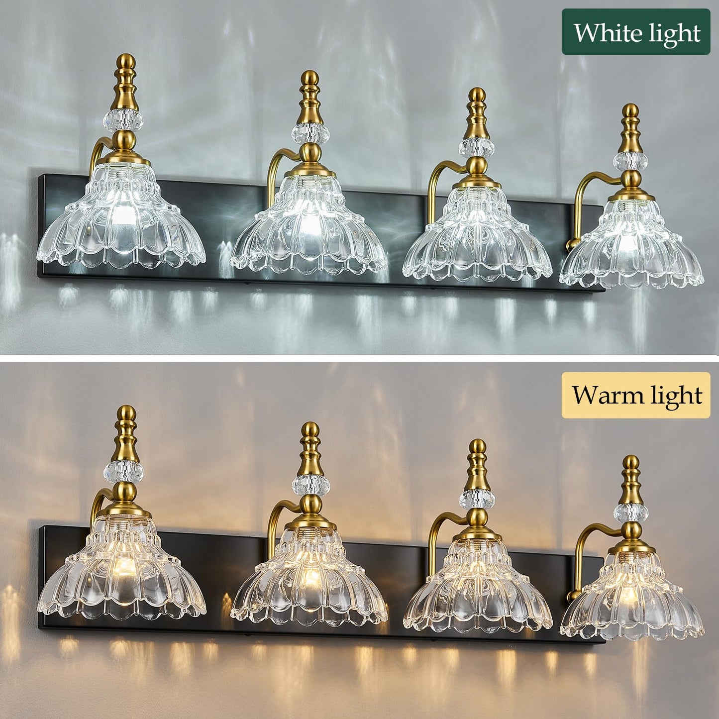 Lbsqj Vintage Bathroom Vanity Light  4-Light Black Gold Vanity Lighting Fixture With Flower Glass Shade  Bathroom Lighting Fixtures Over Mirror