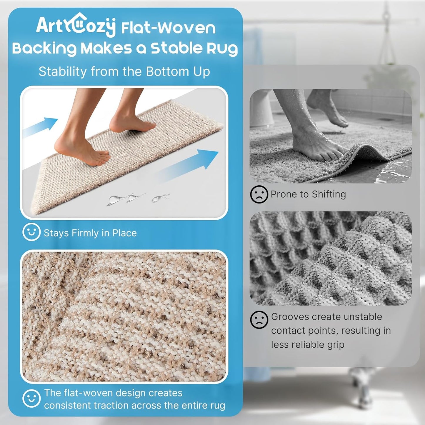 ArtyCozy Waffle Bath Mat Set of 2, Super Absorbent Soft Non-Slip Boho Bath Rugs with Flat-Woven Hot Glue Backing for Bathroom, Machine Washable Bath Mats, 17" × 24" Plus 17" × 24", Brown & White