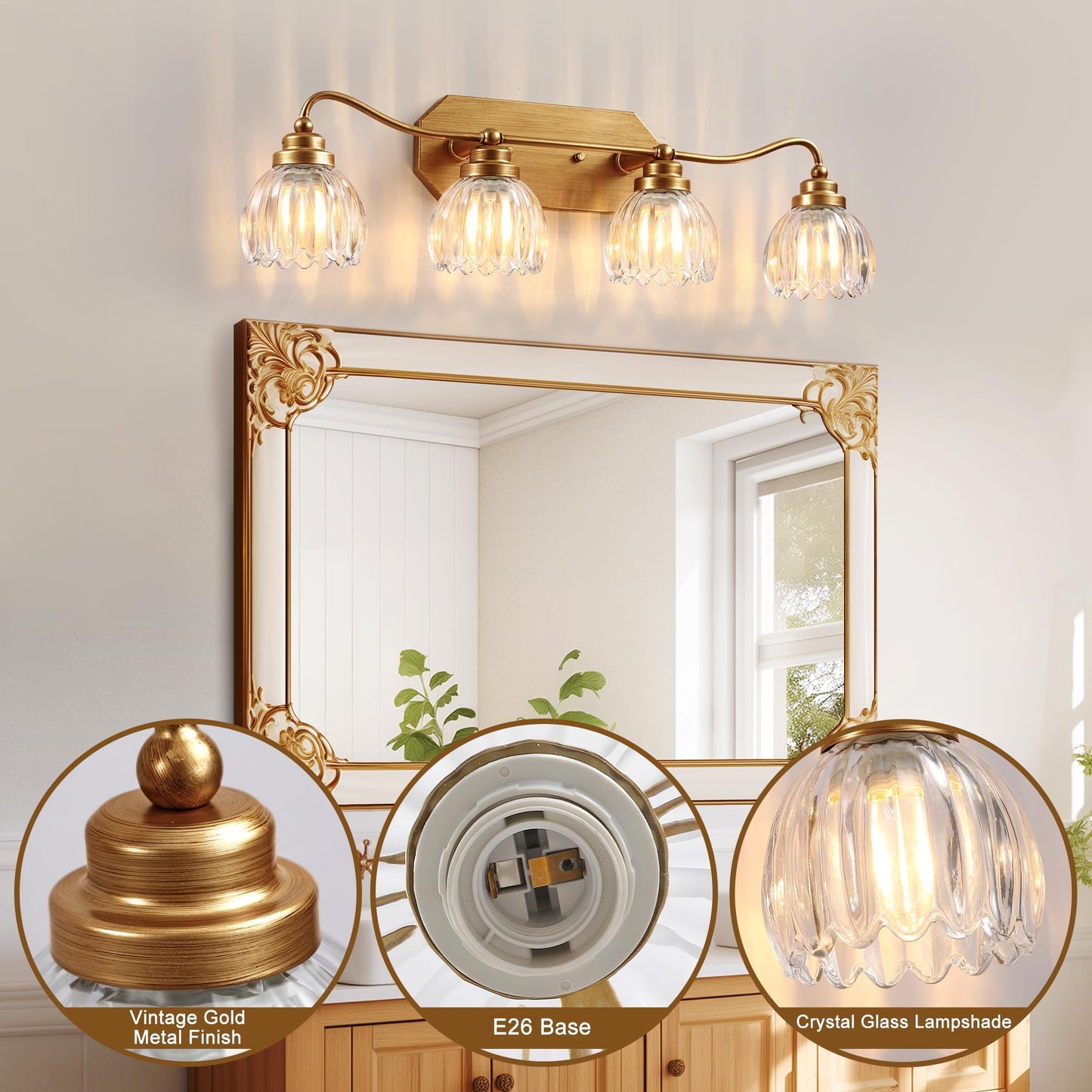 Cmnvmn Vintage Bathroom Light Fixtures  4 Light Gold Bathroom Vanity Light  Matte Antique Brass Finish With Crystal Glass Shade  Wall Sconces Lighting For Bedroom  Living Room  Hallway