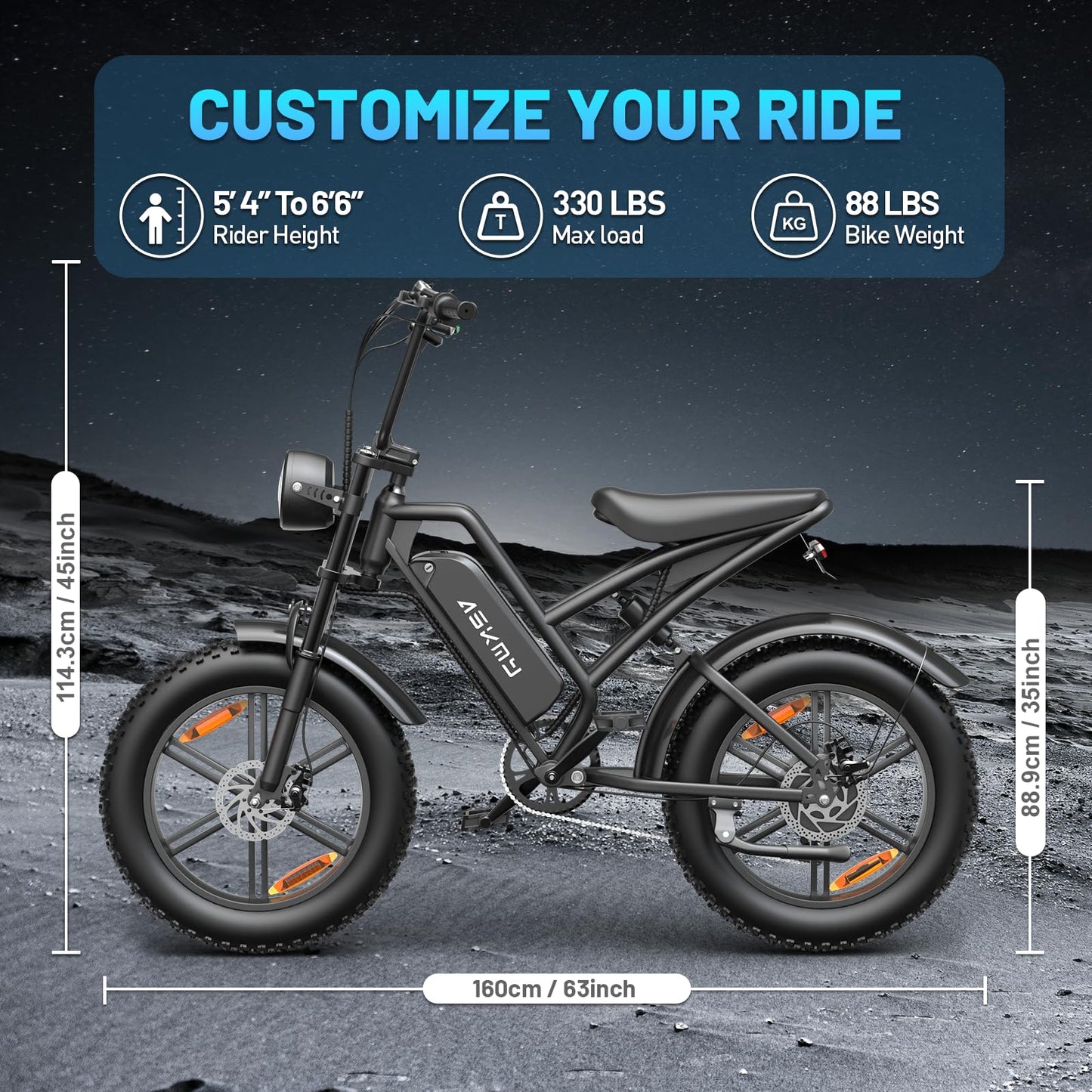 RPINT Electric Mountain Bike with 1500W Peak Motor Ebike, 28MPH and 40-60 Miles PAS Range, Electric Bicycles with 48V 15Ah Removable Battery, 20" Fat Tire Dirt E Bike for All-Terrain