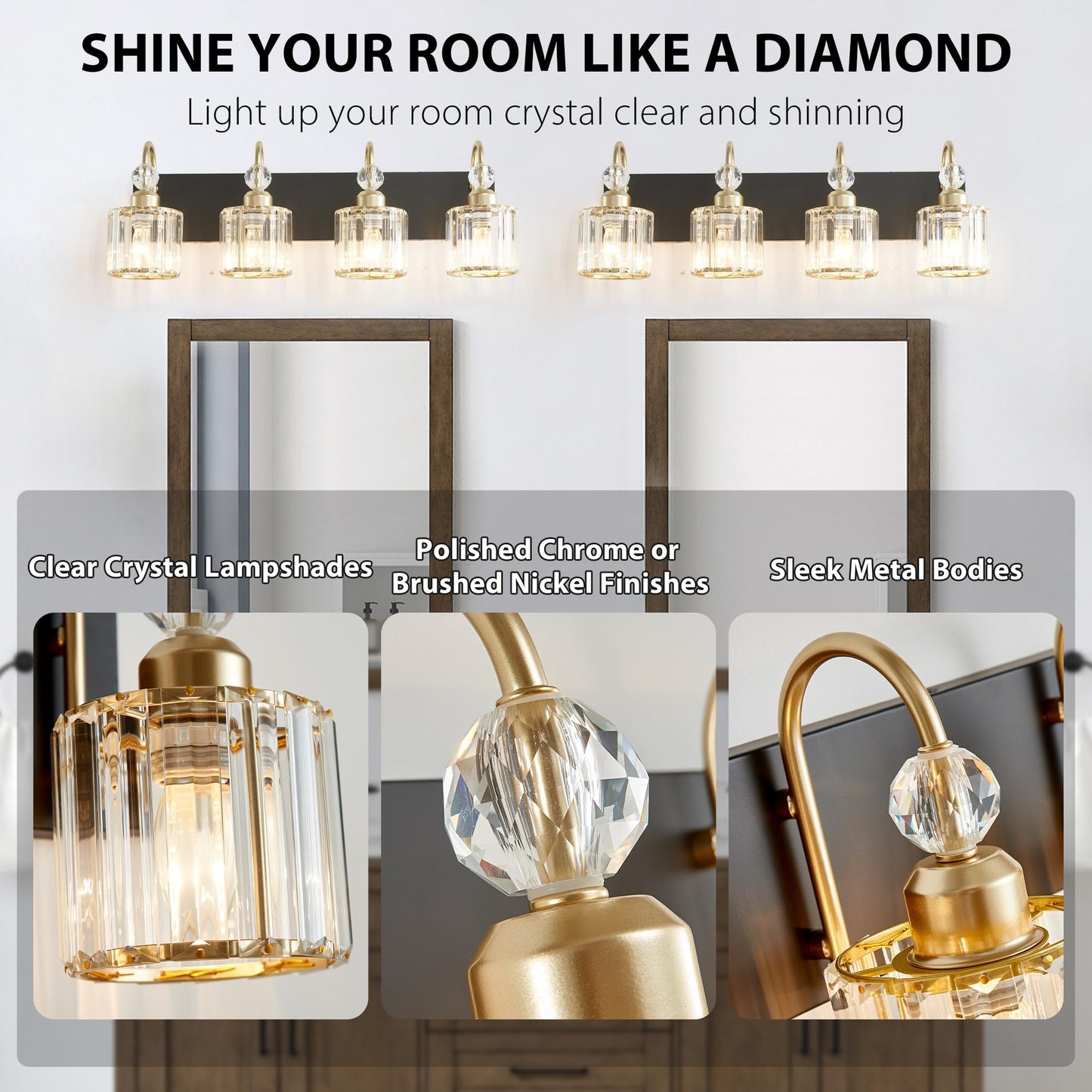 Diamondforge Bathroom Vanity Light Fixtures Over Mirror - Makeup Lighting Black Gold - For Modern Wall  Bath  Desk  Farmhouse  Hallway - 4 Crystal Lights