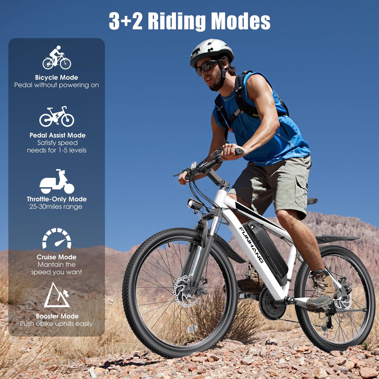 Funhang Electric Bike for Adults, 1000W Peak Ebike, 50Miles 21.7MPH Electric Mountain Bike, 26" Adult Electric Bicycle with 48V Removable Battery, Fenders,7 Speed, Front Suspension, UL 2849 Certified