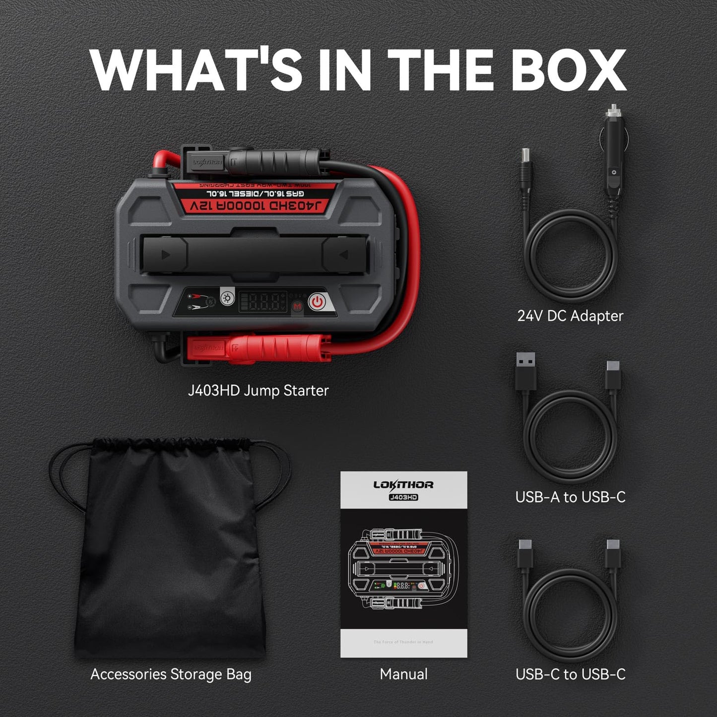 LOKITHOR J403HD 10000A Jump Starter, 12V Car Battery Jumper Starter Portable (16L Gas/All Diesel Engines) Powerful Jump Pack with 100W Quick Charger, 400 Lumen LED Light, 64000mAh Power Bank
