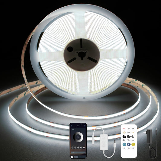 Auziwe Cob Led Strip Light 6000K  24Ft Dimmable White Led Strip Light  Cri92+  Dc24V Tape Light With Rf Remote  Timer Function  Bluetooth App Control For Home Bedroom Kitchen Diy Lighting.