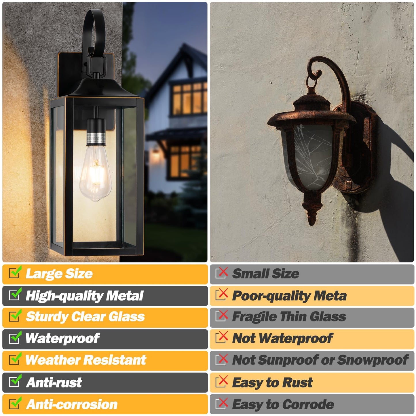 Yolsunes 19 Large Outdoor Wall Lights 2 Pack  Black Exterior Light Fixtures  Outdoor Sconces Wall Lighting Porch Lights  Waterproof Wall Lamp For House  Doorway  Garage  Black Metal With Gold Trim