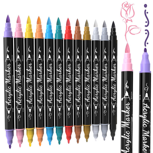 60 Colors Acrylic Paint Markers, Waterproof Dual Tip Acrylic Paint Pens with Brush and Fine Tip, Markers Set for Paper, Rock, Wood, Canvas, Glass, Ceramic and DIY Crafts Making Art Supplies
