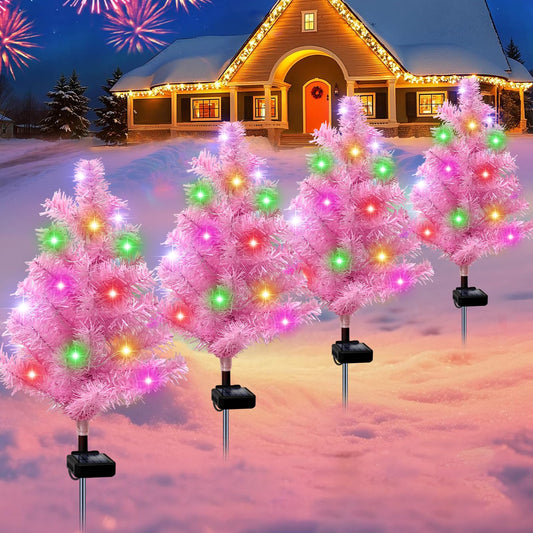 Solar Christmas Tree Outdoor Decor  Waterproof Solar Xmas Decorations Garden Stake Lights  Multi-Color Led Christmas D?Or For Outside Landscape Pathway Porch Yard Holiday (4 Pcs Pink)
