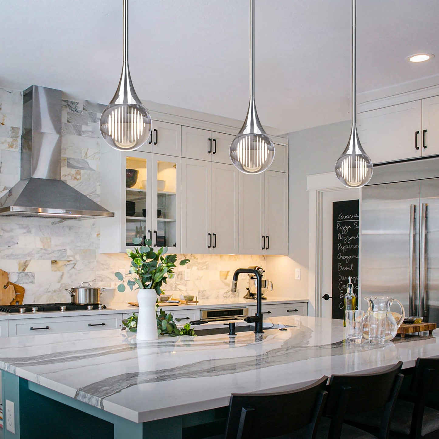 2-Pendant Lights Kitchen Island  Chrome Silver Globe Crystal Ceiling Hanging Light Fxitures  Led Light Fixtures Metal Rod Ceiling Glass Pendant Lighting For Kitchen Island Dining Room Bar