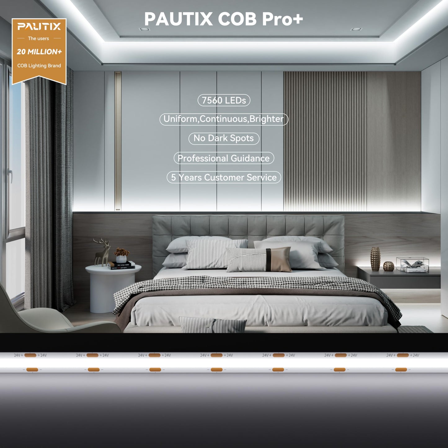 PAUTIX COB LED Strip Lights, 48ft Daylight White 6000K, 504 LEDs/m, Flexible LED Tape for Home DIY Projects