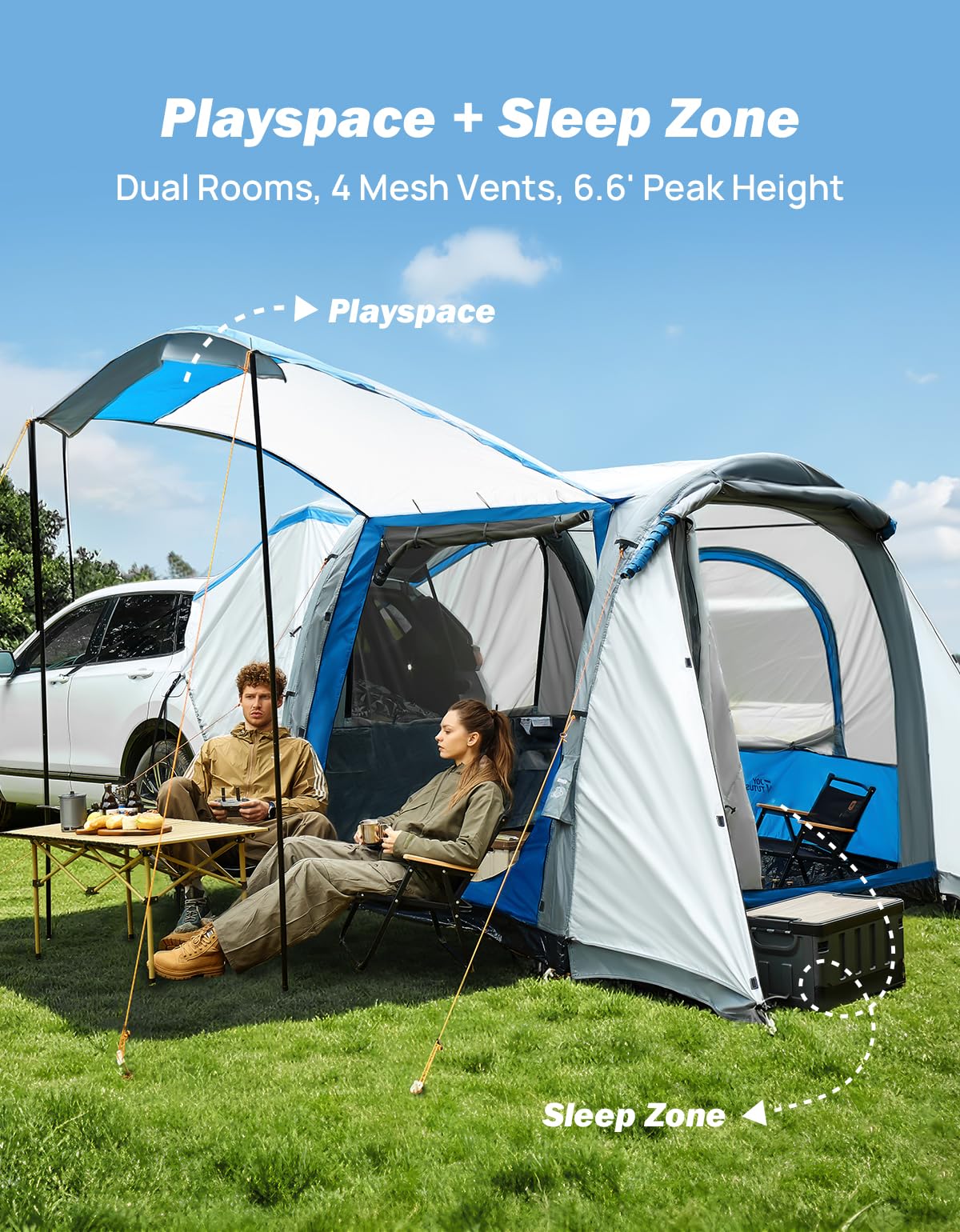 JOYTUTUS SUV Tent with Inflatable Pump, 30% More Space, Easy Set-up Car Tent for 6 Person Family Camping, Dual-Use SUV or Camping with 2 Awnings, Double Door, Fit for SUV Car Van