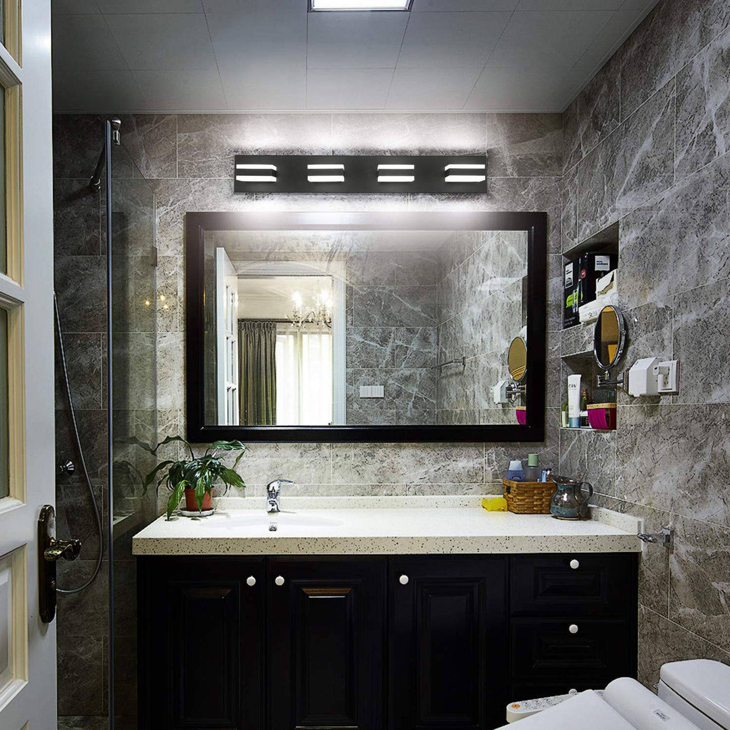 SOLFART LED Bathroom Vanity Lights 4 Lights Acrylic Shade Matt Black 29.5 Inch Model S8568-4T-6000K-ND